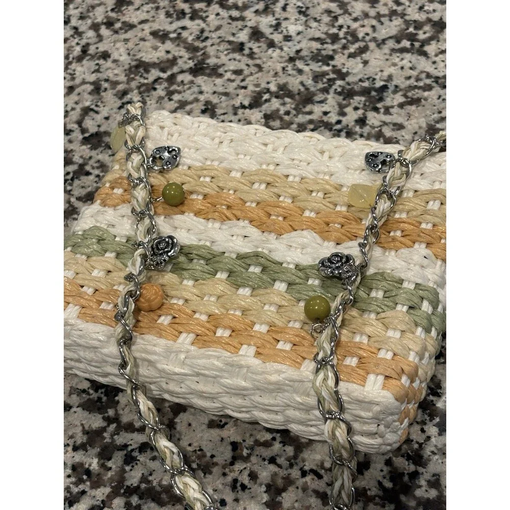 Cappelli Straworld Pastel Striped Woven Straw Raffia Crossbody Purse W/Charms